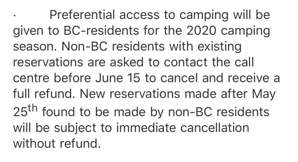 BC Parks announced May 21, 2020 that camping in BC provincial parks will be limited to British Columbia residents only for the 2020 camping season.